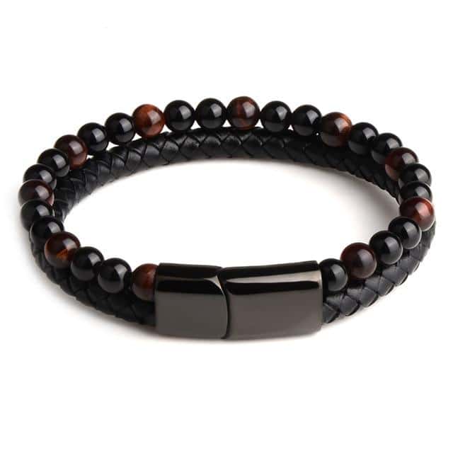 Anti-Stress Bracelet <Br>Leather, Black Obsidian And Red Tiger'S Eye