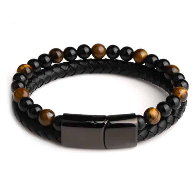 Anti-Stress Bracelet <Br>Leather, Black Obsidian And Tiger'S Eye