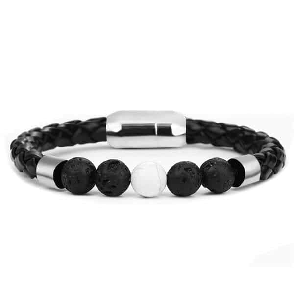 Anti-Stress Bracelet <Br>Woven Leather Volcanic Stone And Howlite