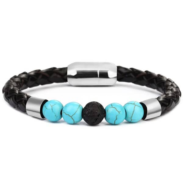 Anti-Stress Bracelet <Br>Woven Leather Turquoise Stone